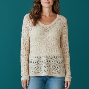PECK & PECK White Crochet Oversized Irridescent Sequin Peekaboo Sweater
